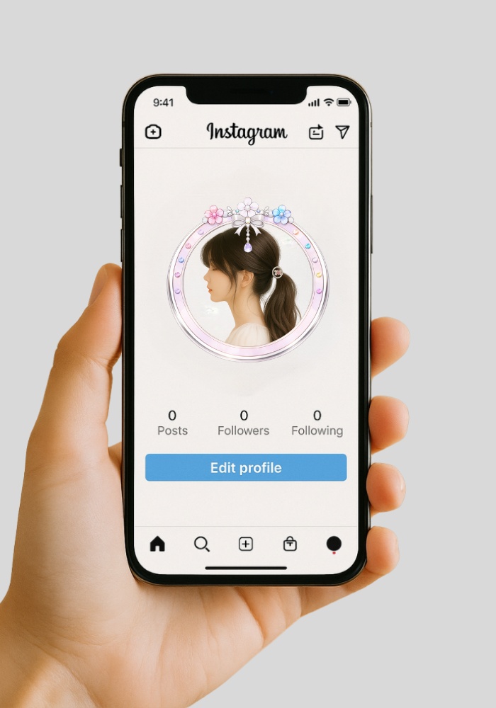 フラワー&リボン アイコンリング 4点セット 揺れチャーム付き・上品プリンセスフレーム PNG