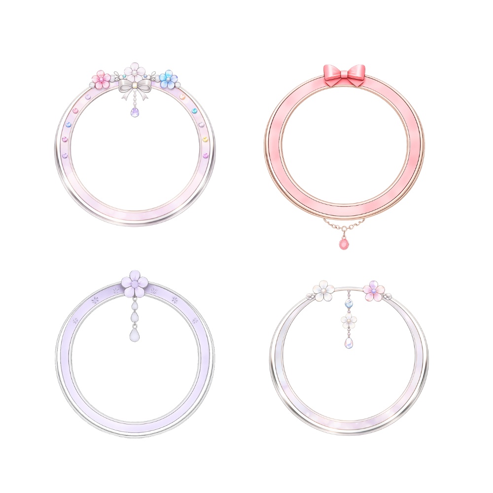 フラワー&リボン アイコンリング 4点セット 揺れチャーム付き・上品プリンセスフレーム PNG