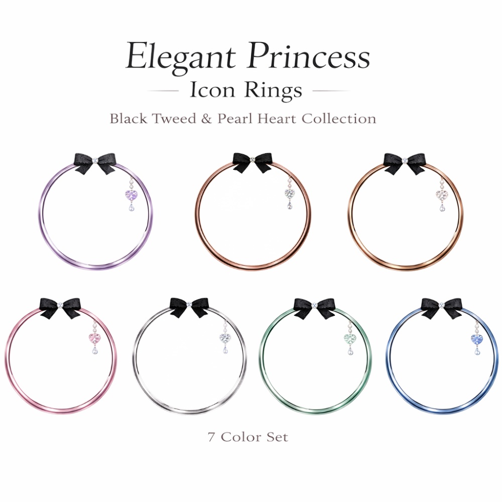 ブラックツイードリボンとパールハートの上品プリンセスアイコンリング 7点セット