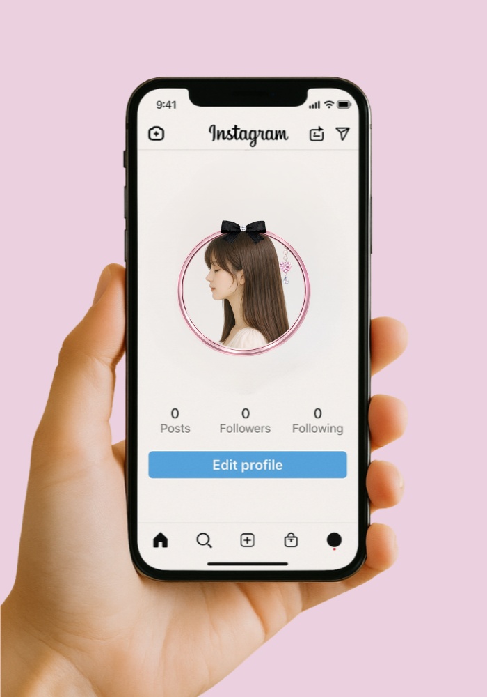 ブラックツイードリボンとパールハートの上品プリンセスアイコンリング 7点セット