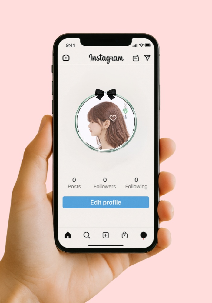 ブラックツイードリボンとパールハートの上品プリンセスアイコンリング 7点セット