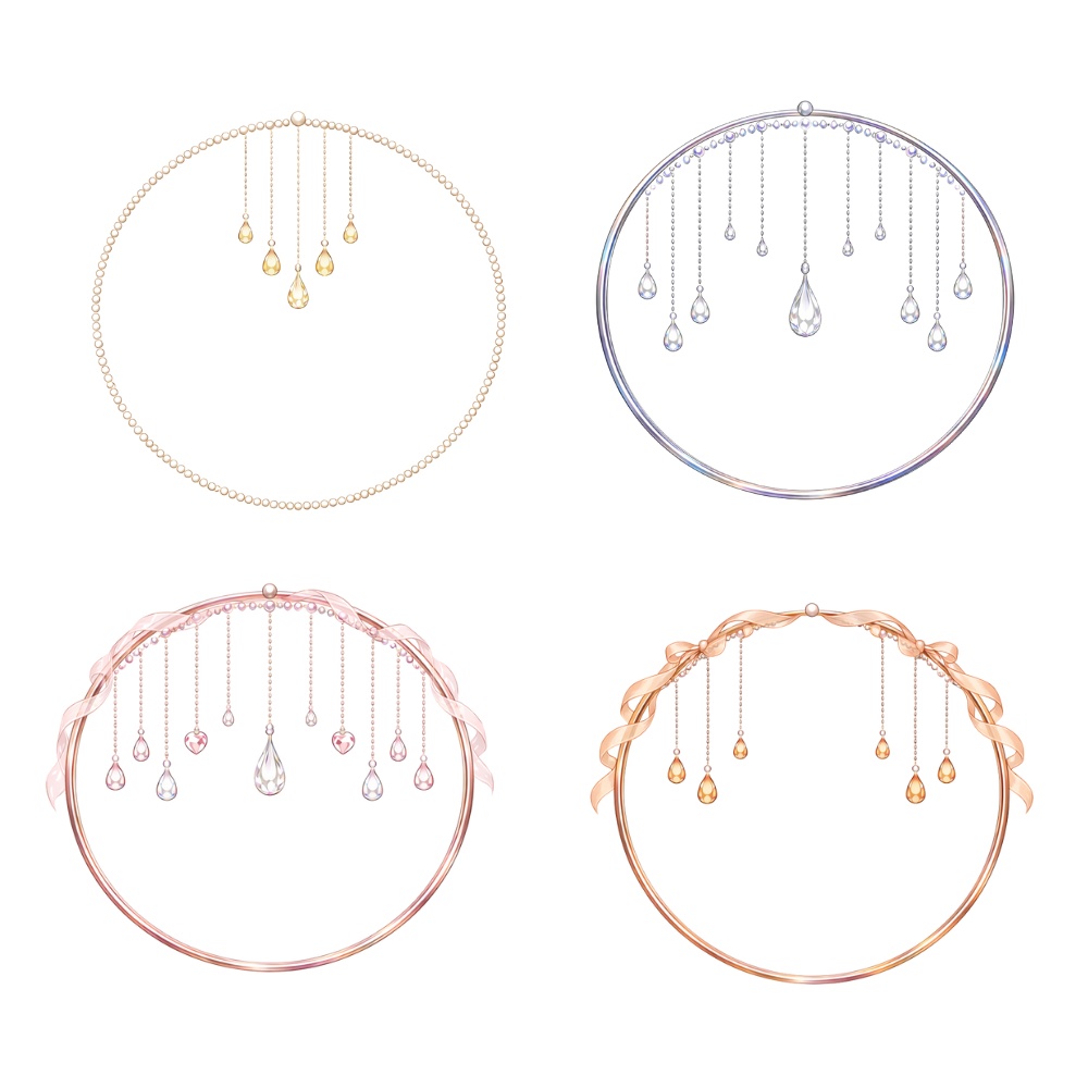 【アイコンリング】上品ジュエリー風 4点セット|雫・パール・リボン|透過PNG|プロフィール用フレーム素