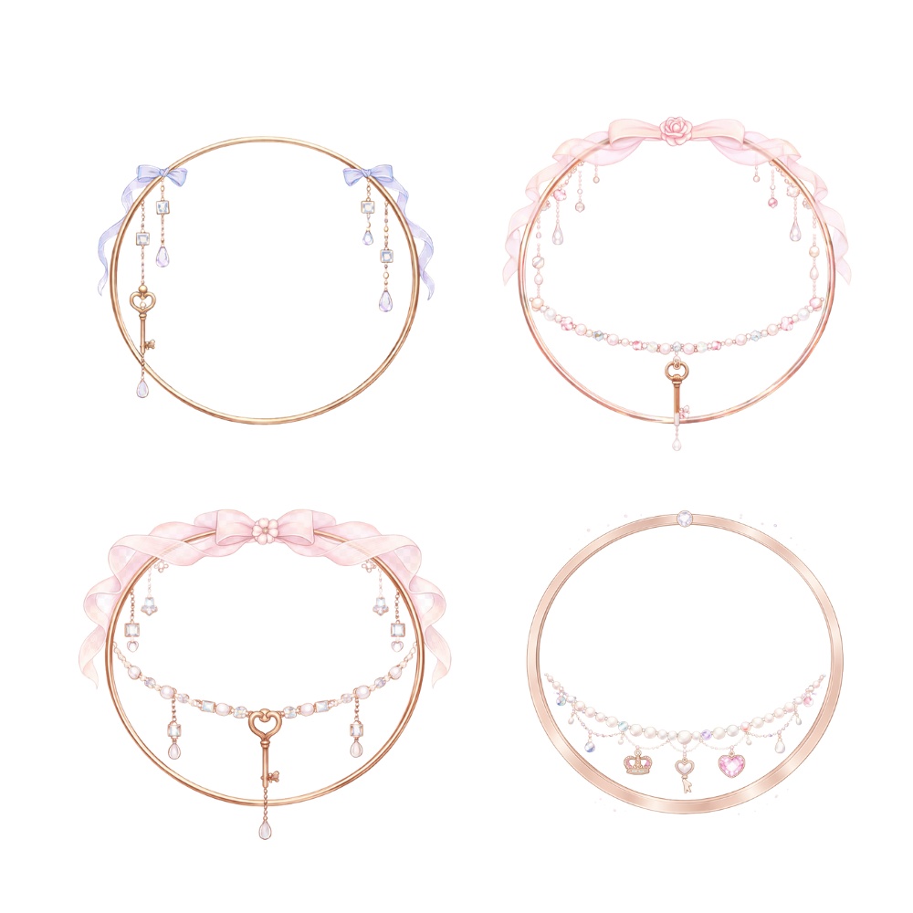 【アイコンリング】鍵とリボンのプリンセスアイコンリング 4点セット|透過PNG|パール・ハート・上品ガーリー フレーム素材