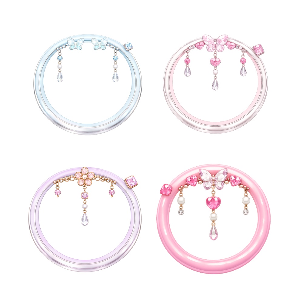 【アイコンリング】蝶とハートのジュエリーアイコンリング 4点セット|透過PNG|パステルカラー・上品ガーリー フレーム素材