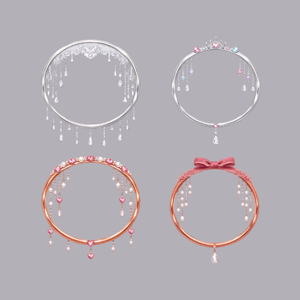 【アイコンリング】プリンセスレース&ジュエリー 4点セット|透過PNG|雫・ハート・リボン|上品ガーリー フレーム素材