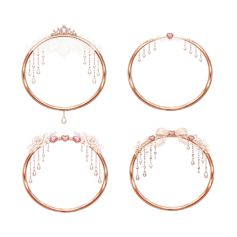 【アイコンリング】ローズゴールド プリンセス 4点セット|透過PNG|レース・ティアラ・ハート・雫 フレーム素材