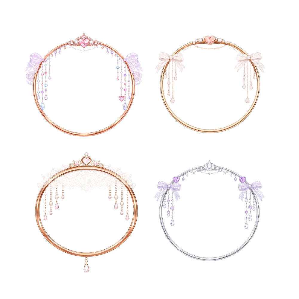 【アイコンリング】プリンセス&ブライダル アイコンリング 4点セット|透過PNG|リボン・レース・ハート・雫|上品ガーリー フレーム素材