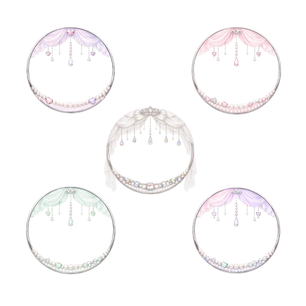 【アイコンリング】レースカーテン&ハートジュエル アイコンリング 5点セット|透過PNG|ブライダル・プリンセス|雫パール SNSアイコン用 フレーム素材