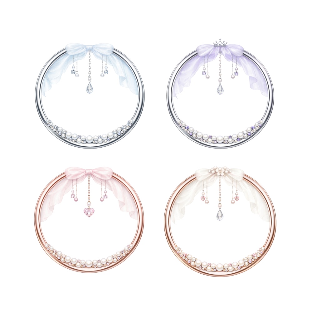 【アイコンリング】リボン&レースカーテン アイコンリング 4点セット|透過PNG|プリンセス・ブライダル|パール&雫ジュエル SNSアイコン用