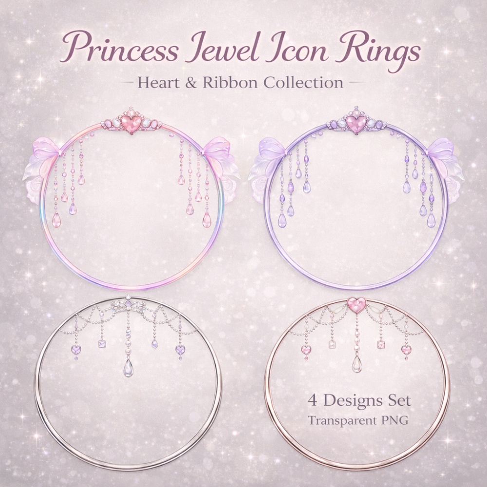 【アイコンリング】ハート＆リボン ジュエル アイコンリング 4点セット｜透過PNG｜プリンセス・ガーリー