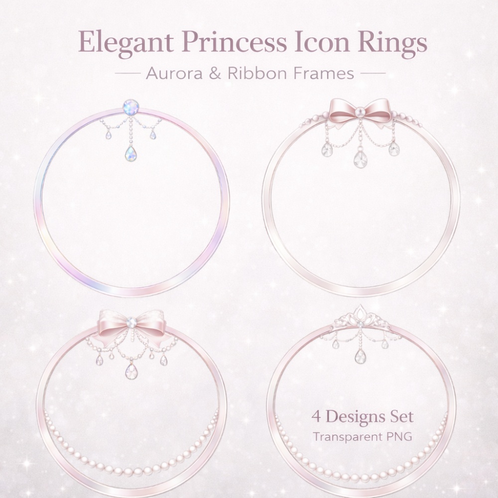 【アイコンリング】オーロラ＆リボン プリンセス アイコンリング 4点セット｜透過PNG｜上品ガーリー・ブライダル｜パール＆雫ジュエル