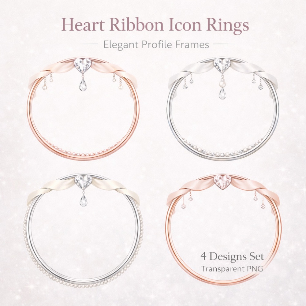 【アイコンリング】ハートリボン＆雫ジュエル アイコンリング 4点セット｜透過PNG｜ブライダル・上品ガーリー