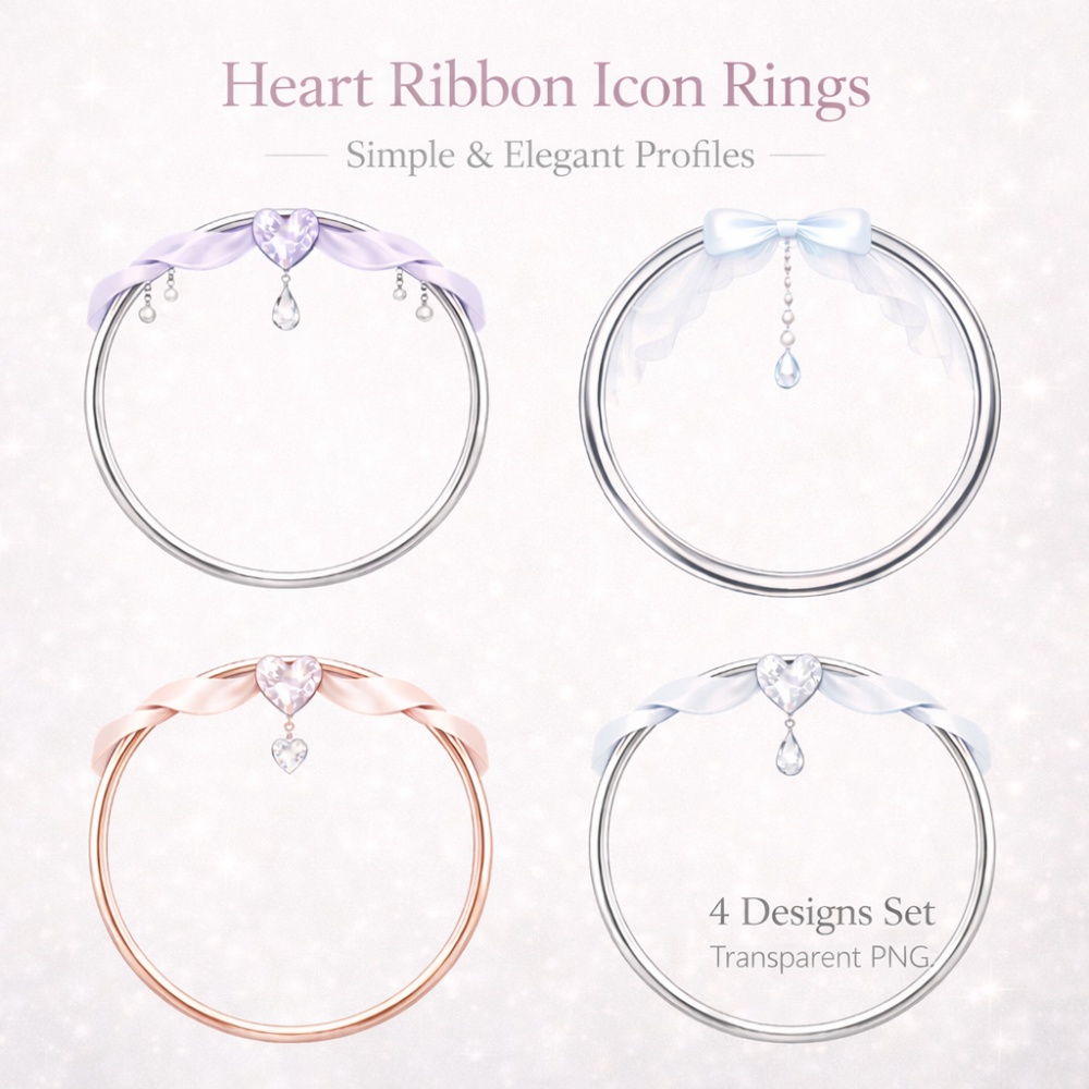 アイコンリング】ハートリボン&雫ジュエル アイコンリング 4点セット|透過PNG|シンプルガーリー・ブライダル