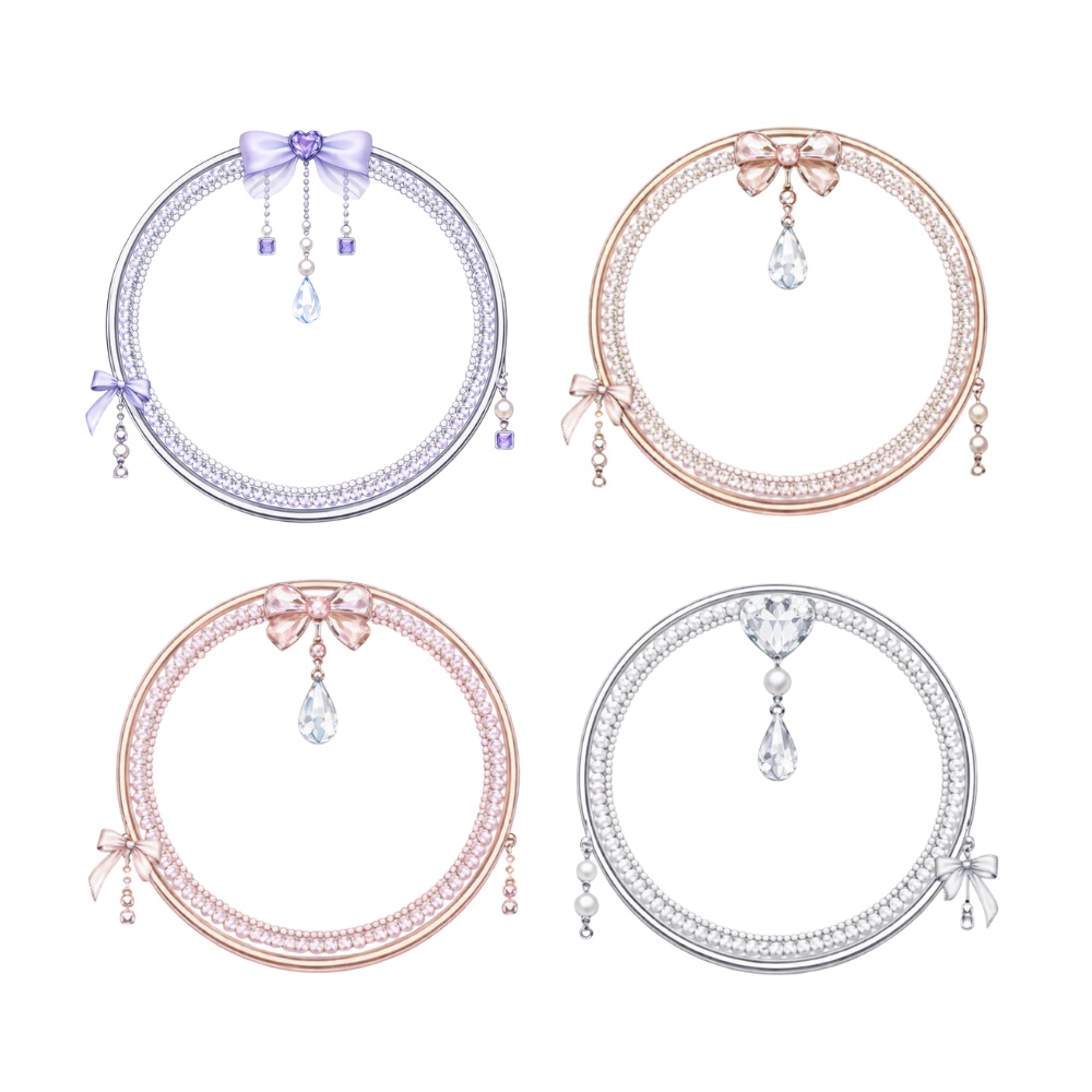 【アイコンリング】リボン&雫ジュエル アイコンリング 4点セット|透過PNG|上品ガーリー・ブライダル|パール×宝石