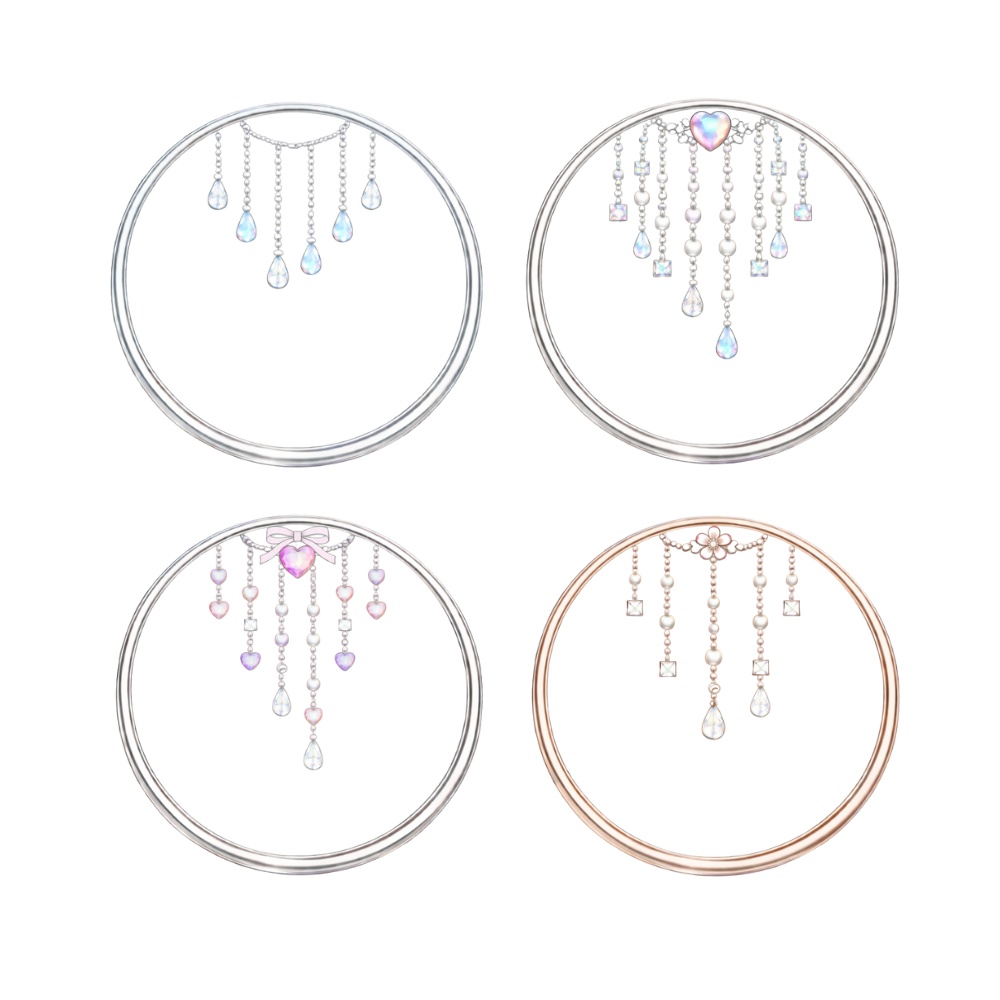 【アイコンリング】オーロラ雫&ハートガーランド アイコンリング4点セット|透明感ジュエリー・ガーリー装飾・透過PNG