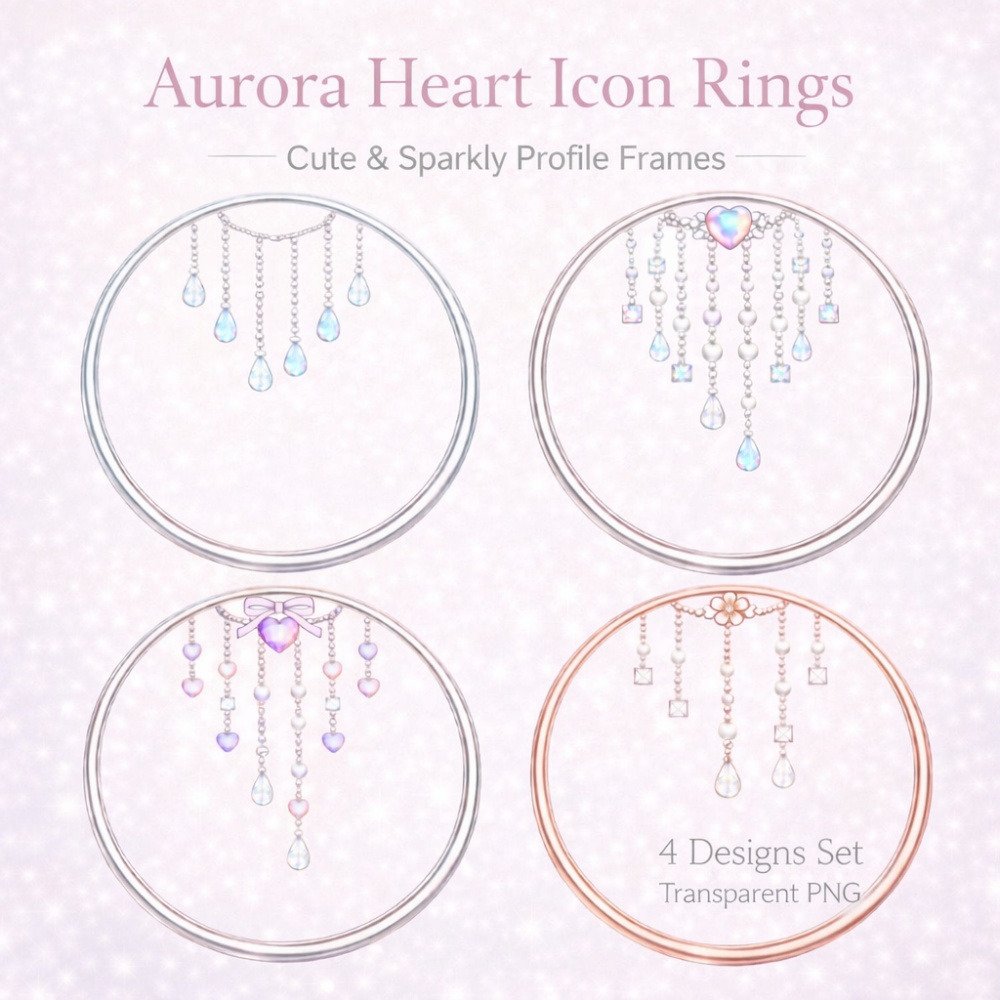 【アイコンリング】オーロラ雫＆ハートガーランド アイコンリング4点セット｜透明感ジュエリー・ガーリー装飾・透過PNG