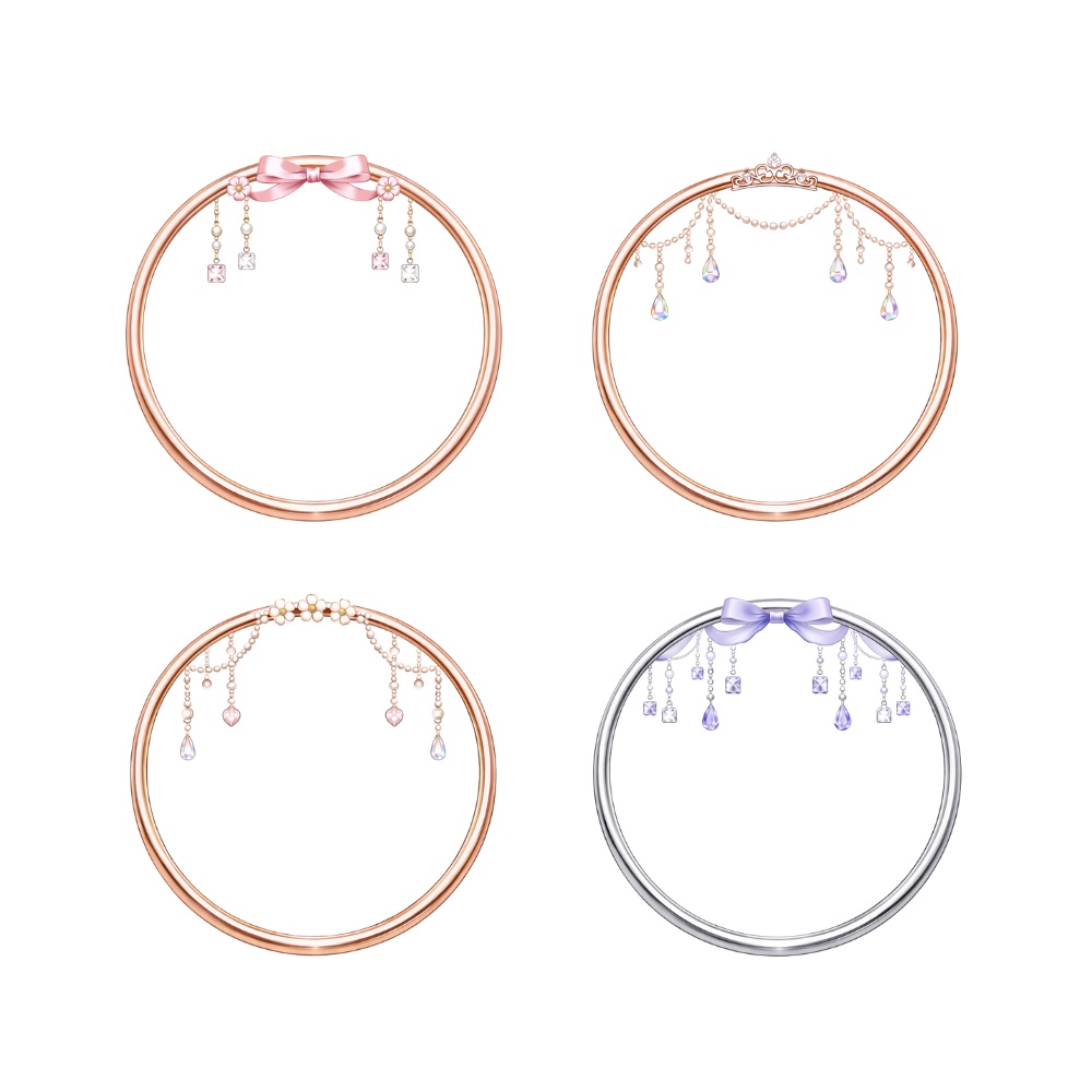 【アイコンリング】ローズゴールド&ラベンダー ジュエルリボンリング 4点セット|パール・雫・ガーリー|透過PNG