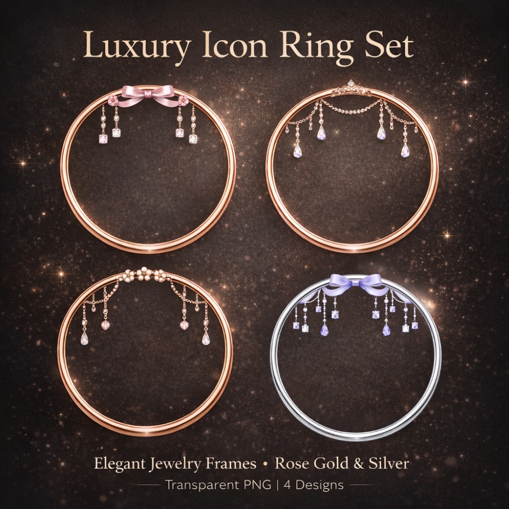 【アイコンリング】ローズゴールド&ラベンダー ジュエルリボンリング 4点セット|パール・雫・ガーリー|透過PNG