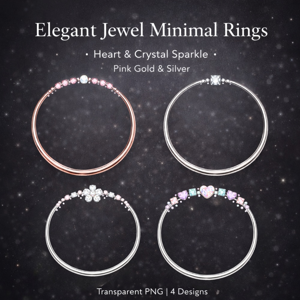 【アイコンリング】ハート＆宝石 ミニマルジュエルリング 4点セット｜透過PNG｜ピンク・シルバー｜上品かわいい