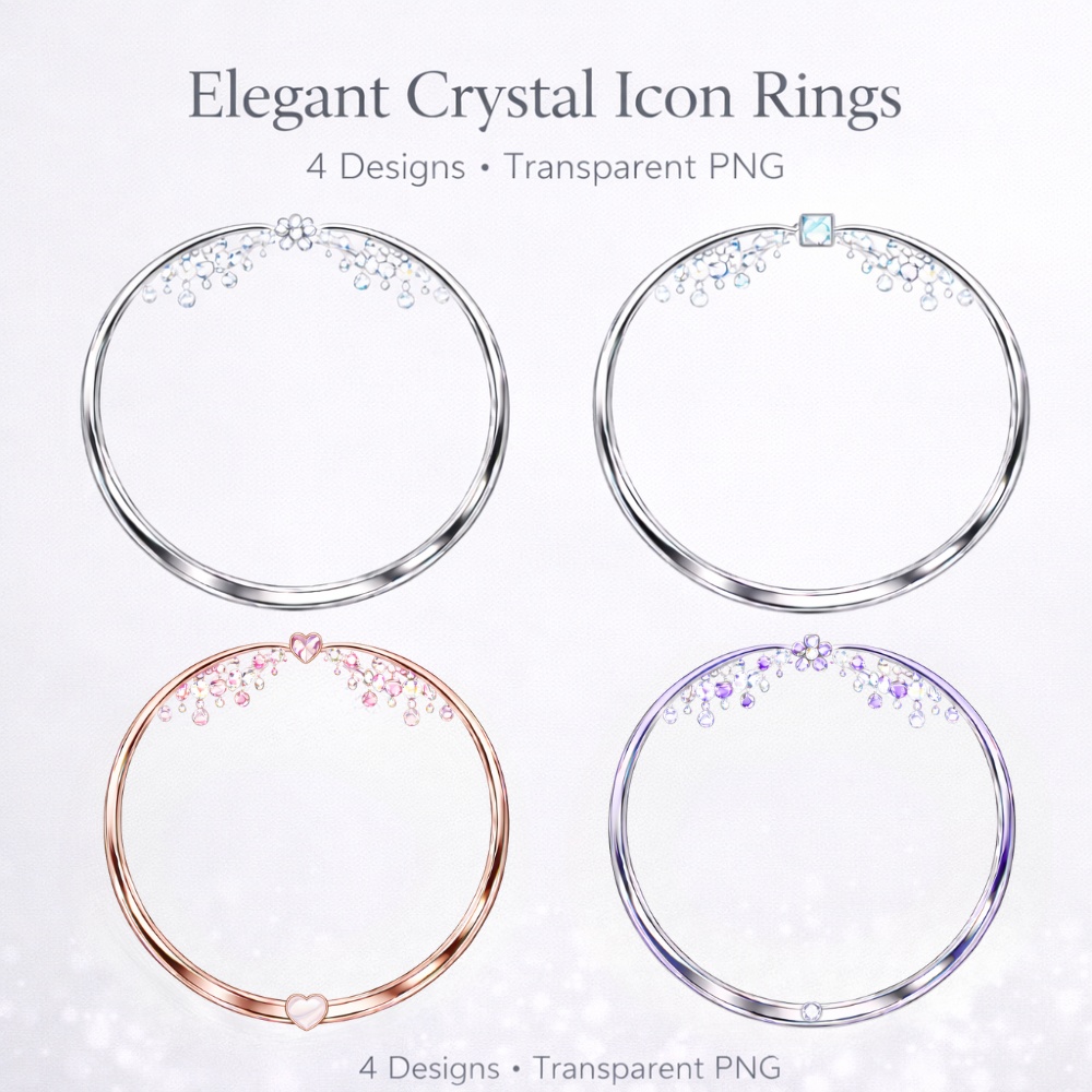 【アイコンリング】クリスタル雫とフラワーの上品アイコンリング 4点セット｜透過PNG