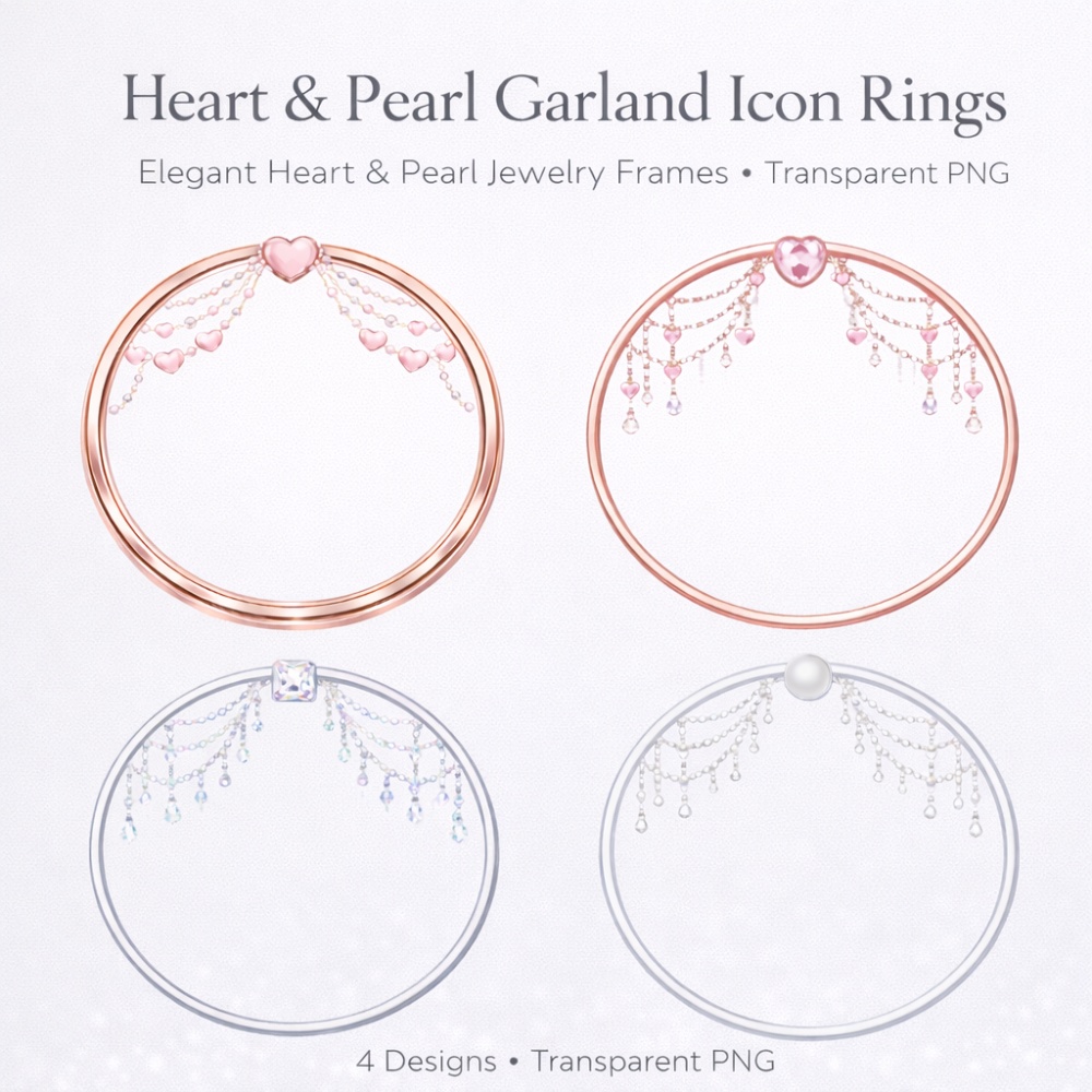【アイコンリング】ハート＆パール ガーランド 4点セット｜姫系・上品・透過PNG