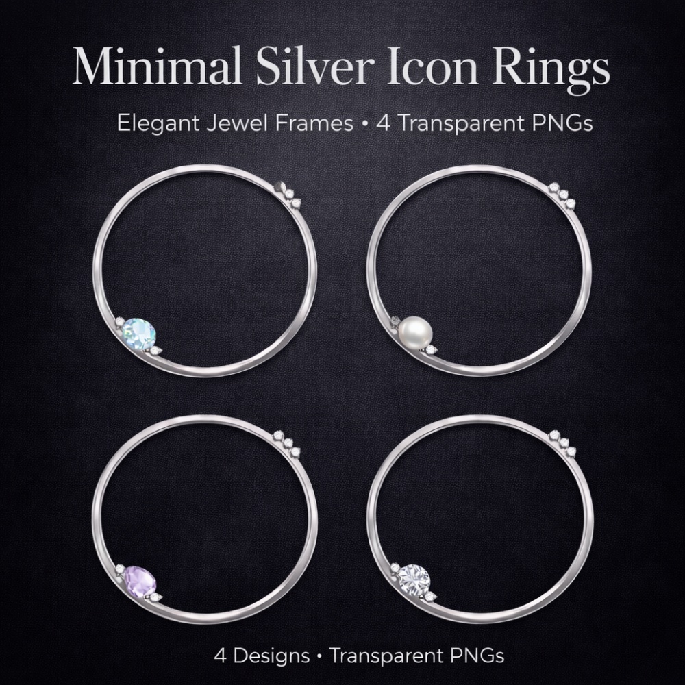 【アイコンリング】シルバー×ワンポイント宝石 アイコンリング4点セット｜上品ミニマル・透明感・透過PNG