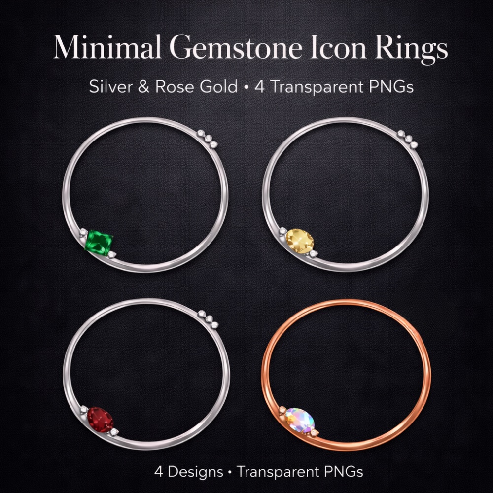 【アイコンリング】ミニマル宝石ワンポイント アイコンリング 4点セット｜透明感 PNG｜シルバー＆ローズゴールド｜上品・大人