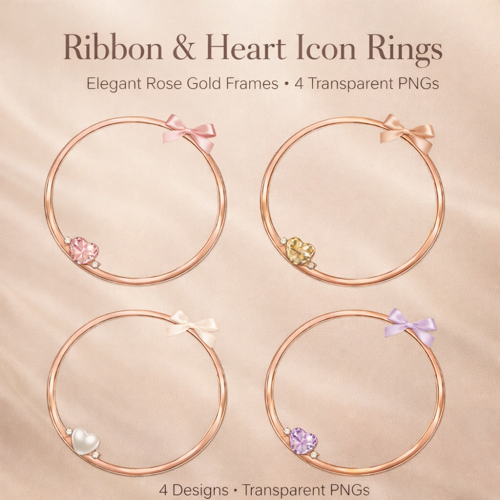 【アイコンリング】リボン＆ハートジュエル アイコンリング 4点セット｜ローズゴールド・大人ガーリー・透過PNG