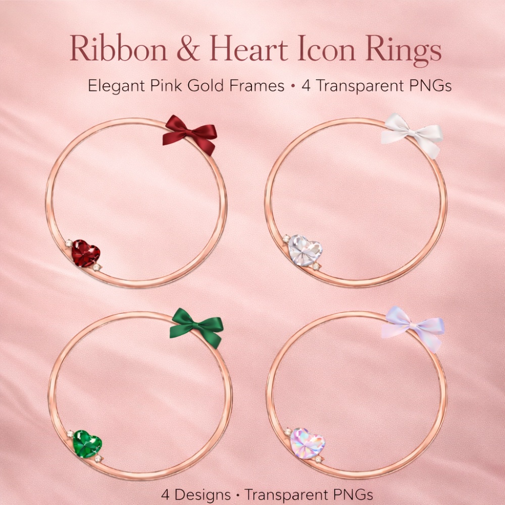 【アイコンリング】リボン&ハート宝石 4点セット|ピンクゴールド|上品ガーリー・透明感PNG