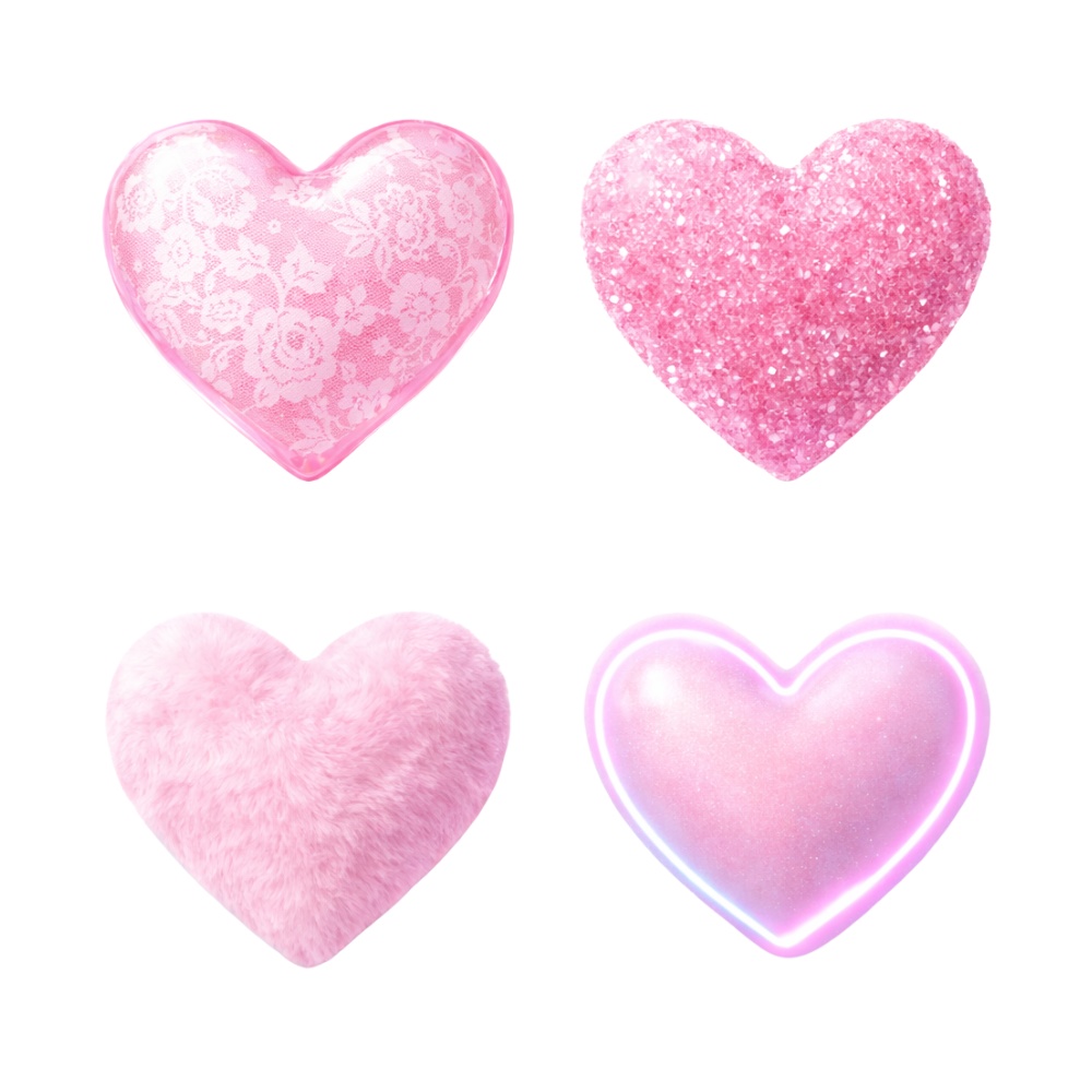 【ハート素材】ピンクハート4点セット|レース・グリッター・ファー・ネオン|ガーリー透明感 PNG