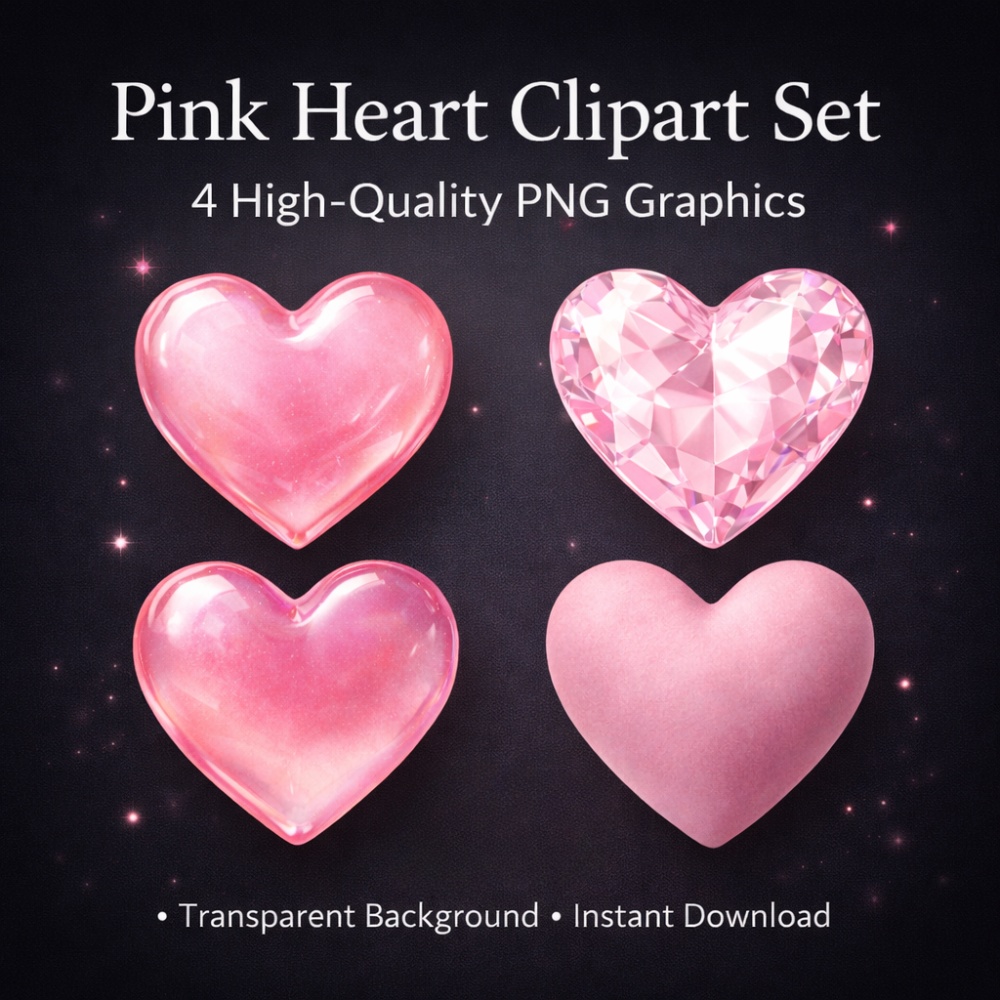 【ハート素材】ピンクハート 4点セット｜ぷるん・ガラス・宝石・マット｜透明感・ガーリー・背景透過PNG