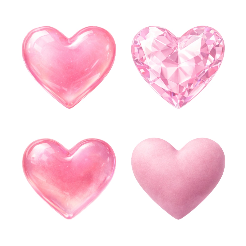 【ハート素材】ピンクハート 4点セット|ぷるん・ガラス・宝石・マット|透明感・ガーリー・背景透過PNG