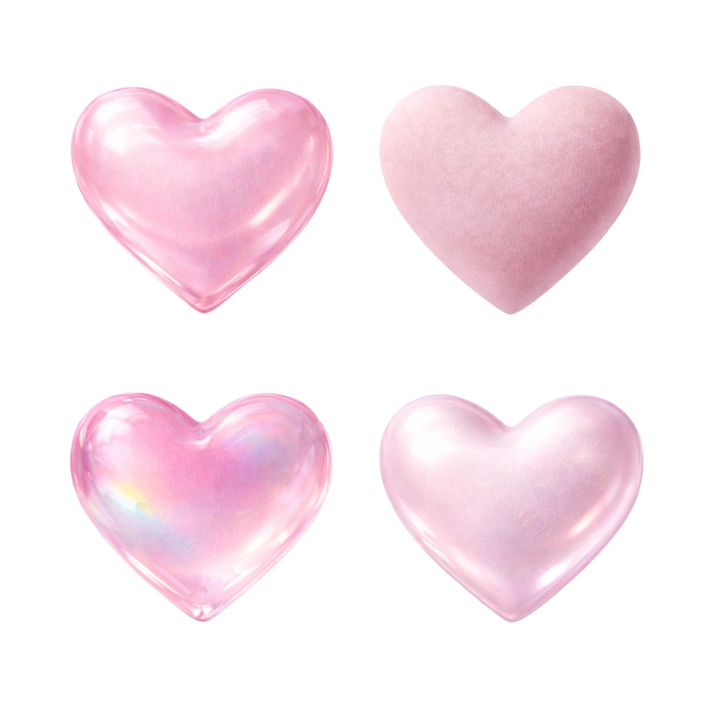【ハート素材】ちゅるん透明ピンクハート4点セット|ガラス風・オーロラ・マット|アイコン装飾・デザイン素材 透過PNG