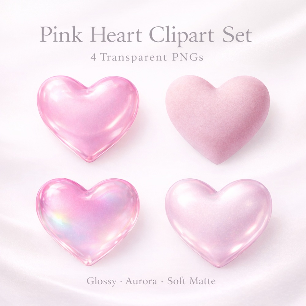 【ハート素材】ちゅるん透明ピンクハート4点セット｜ガラス風・オーロラ・マット｜アイコン装飾・デザイン素材 透過PNG