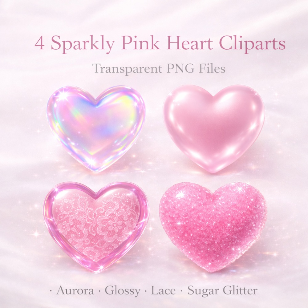 【ハート素材】きらめきピンクハート4点セット|オーロラ・ちゅるん・レース・シュガー|透明感ガーリー透過PNG