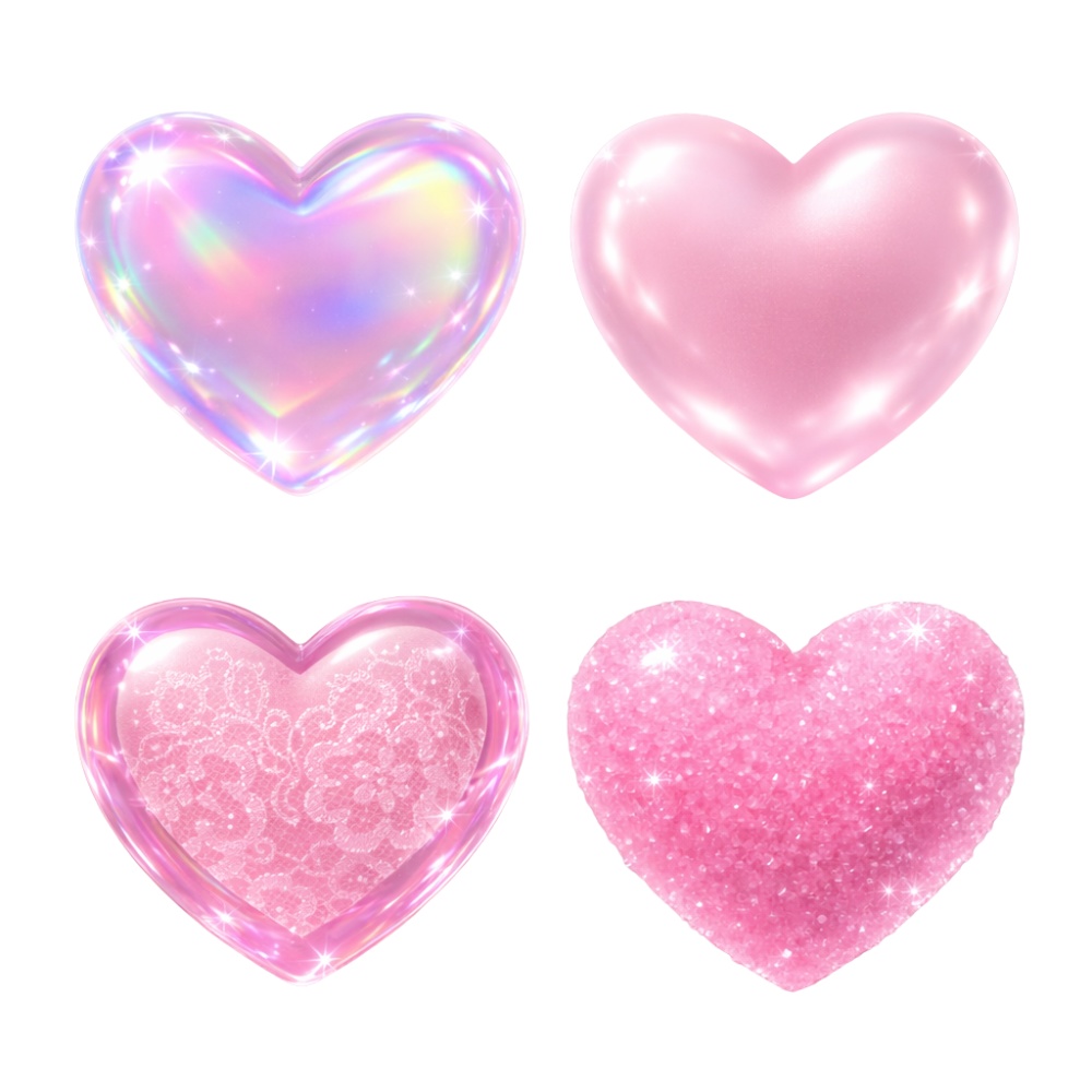 【ハート素材】きらめきピンクハート4点セット|オーロラ・ちゅるん・レース・シュガー|透明感ガーリー透過PNG