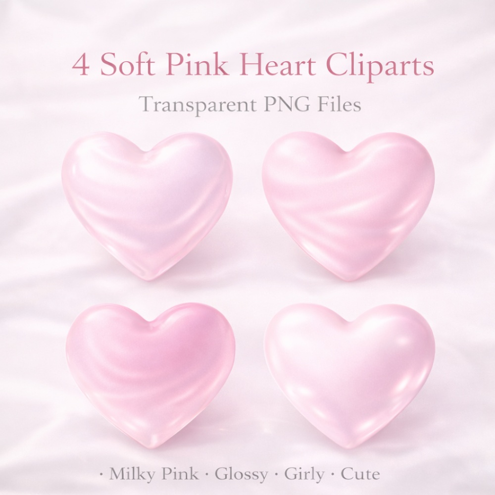 【ハート素材】ちゅるんピンクハート4点セット｜ 透過PNG｜やわらか光沢・ガーリー｜アイコン・SNS装飾素材