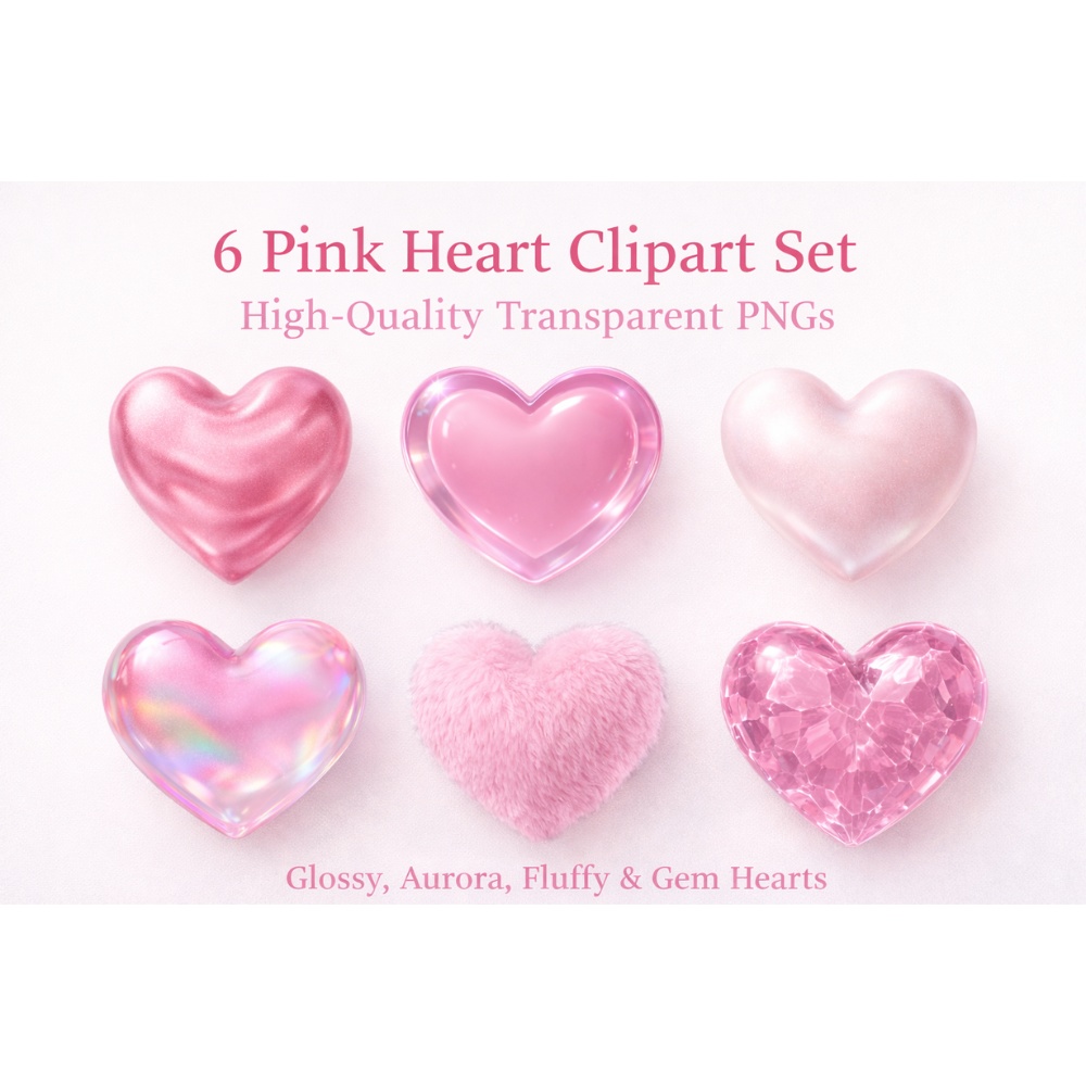 【ハート素材】ピンクハート6点セット|透過PNG|ガラス・オーロラ・ファー・宝石風|ガーリー装飾素材