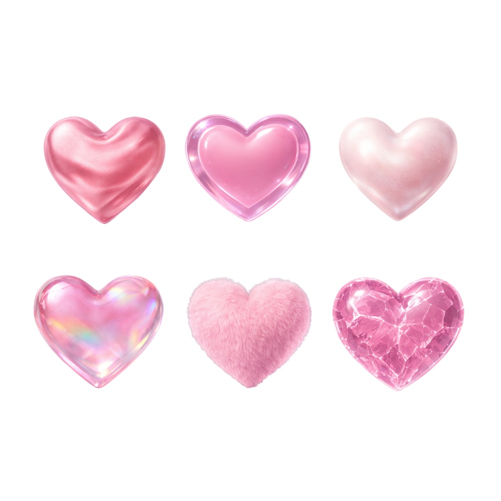 【ハート素材】ピンクハート6点セット|透過PNG|ガラス・オーロラ・ファー・宝石風|ガーリー装飾素材