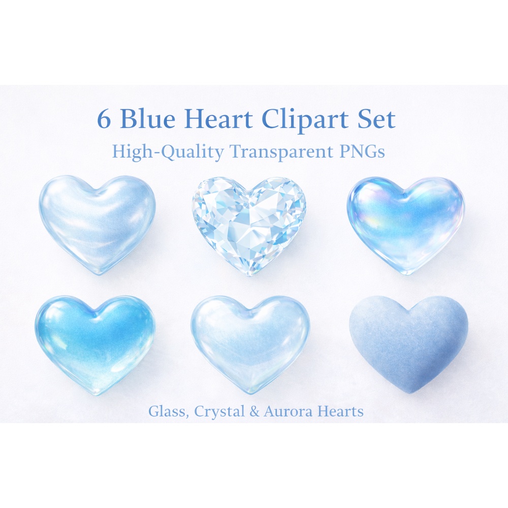 【ハート素材】ブルーハート6点セット｜透過PNG｜ガラス・クリスタル・オーロラ｜透明感クールデザイン素材