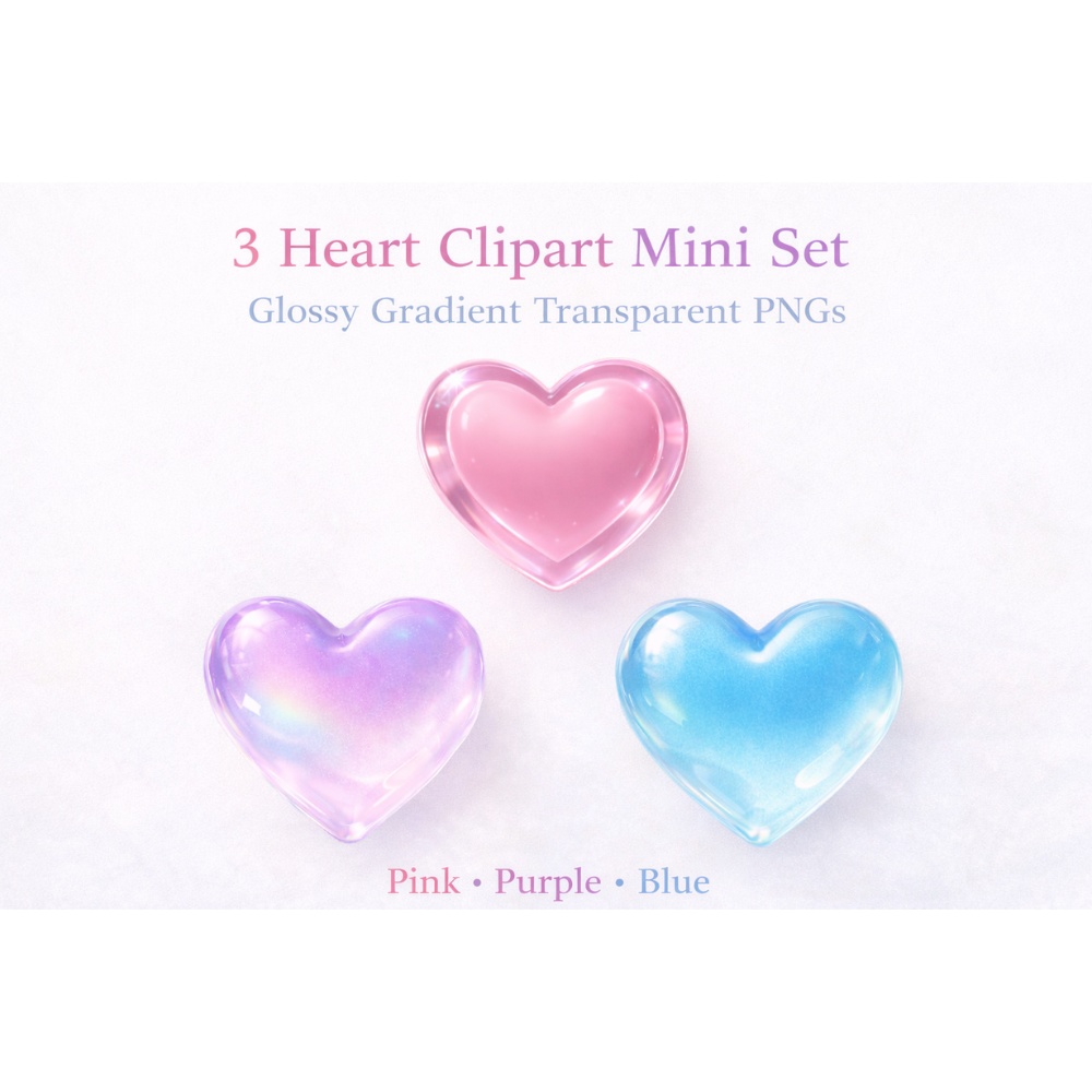【ハート素材】ミニ3点セット|透過PNG|ちゅるんグラデハート(ピンク・パープル・ブルー)|アイコン・サムネ
