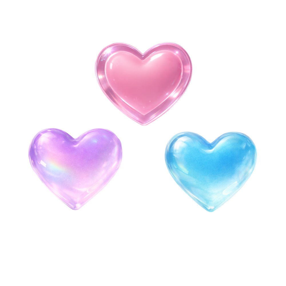 【ハート素材】ミニ3点セット|透過PNG|ちゅるんグラデハート(ピンク・パープル・ブルー)|アイコン・サムネ