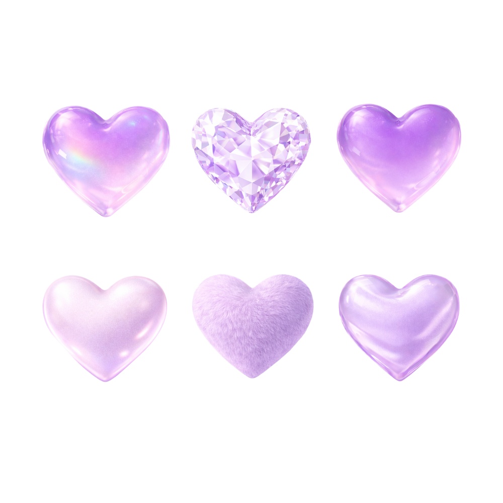 【ハート素材】パープル&ラベンダー ハート素材 6点セット|透過PNG|ちゅるん・宝石・ファー・ガラス風