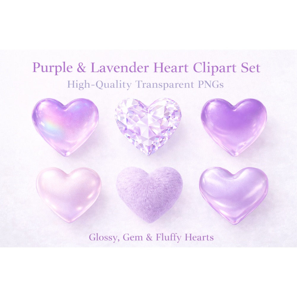 【ハート素材】パープル＆ラベンダー ハート素材 6点セット｜透過PNG｜ちゅるん・宝石・ファー・ガラス風