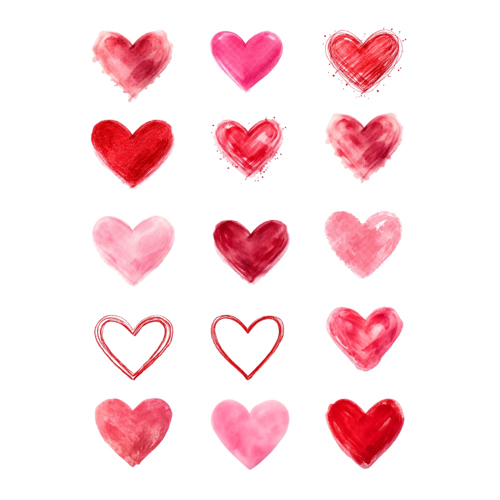 【ハート素材】手描き水彩ハート15点セット|赤・ピンク|ラフ・ペイント・スケッチ風|透過PNG