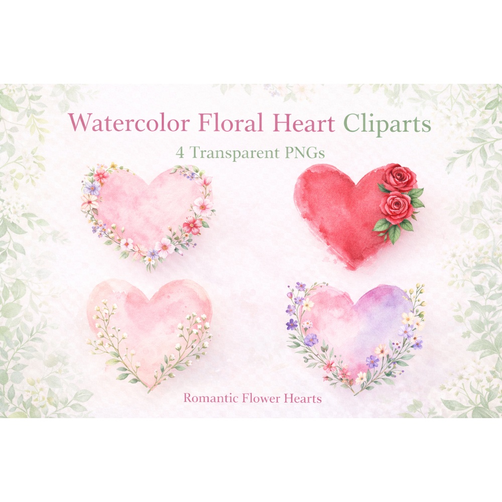 【ハート素材】水彩フラワーハート 4点セット｜花飾り・水彩画風・ロマンティック｜透過PNG 素材