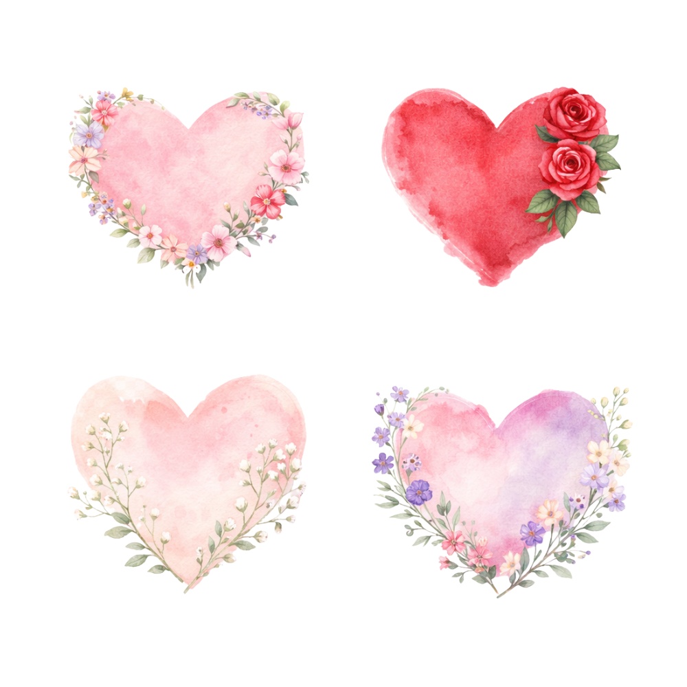 【ハート素材】水彩フラワーハート 4点セット|花飾り・水彩画風・ロマンティック|透過PNG 素材