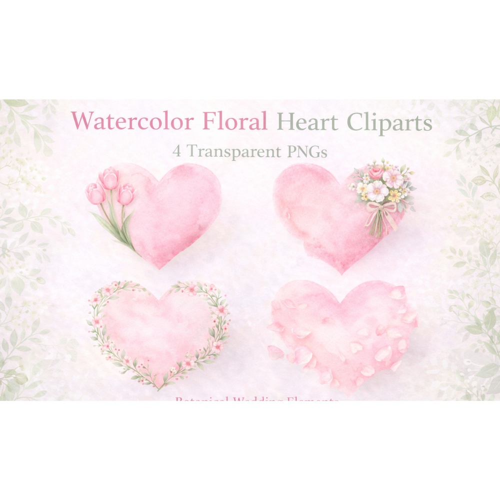 【ハート素材】水彩フラワーハート 4点セット｜透明PNG｜淡色・ボタニカル・ウェディング・カード素材