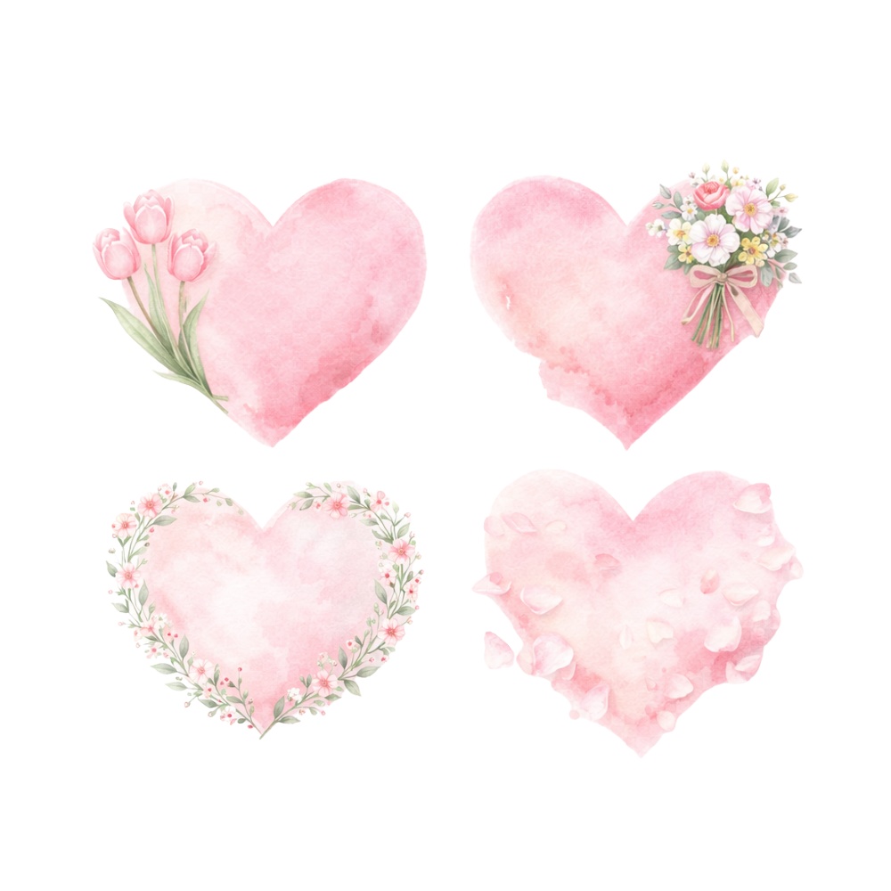 【ハート素材】水彩フラワーハート 4点セット|透明PNG|淡色・ボタニカル・ウェディング・カード素材