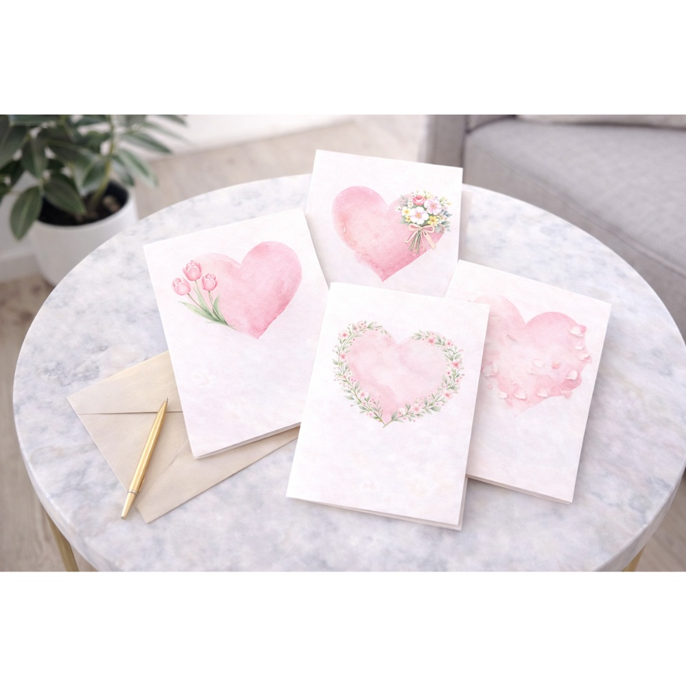 【ハート素材】水彩フラワーハート 4点セット|透明PNG|淡色・ボタニカル・ウェディング・カード素材